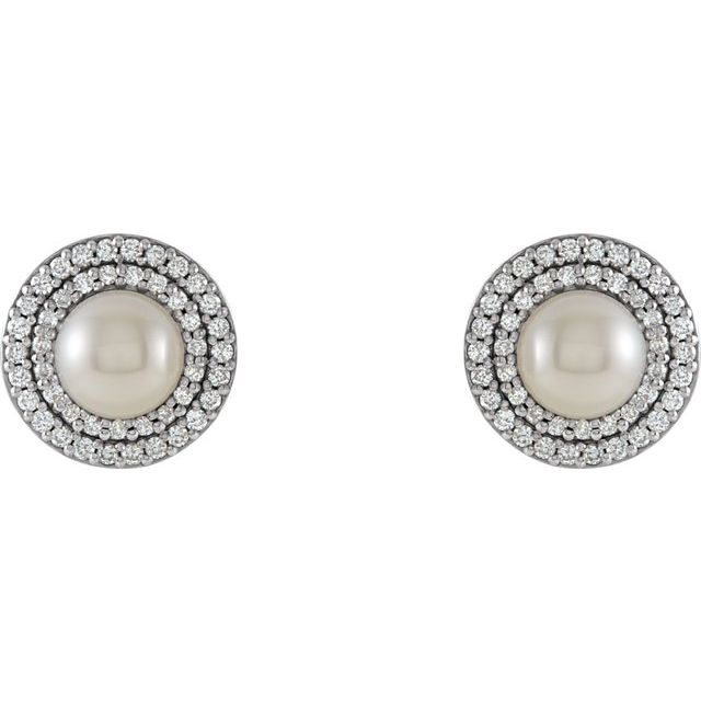 14K White Cultured White Freshwater Pearl  & 1/5 CTW Natural Diamond Earrings