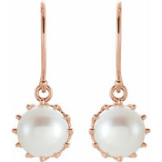 14K Rose Cultured White Freshwater Pearl Crown Earrings