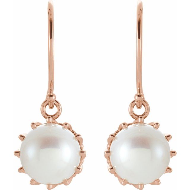 14K Rose Cultured White Freshwater Pearl Crown Earrings