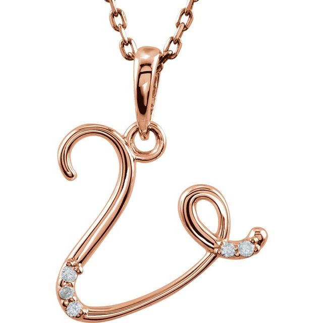 14K Rose Gold .02 CTW Natural Diamond Initial V Necklace - Elegant Personalized Jewelry
