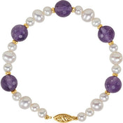 14K Yellow Natural Amethyst & Cultured White Freshwater Pearl 7 1/2" Bracelet