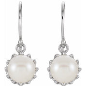 14K White Cultured White Freshwater Pearl Crown Earrings