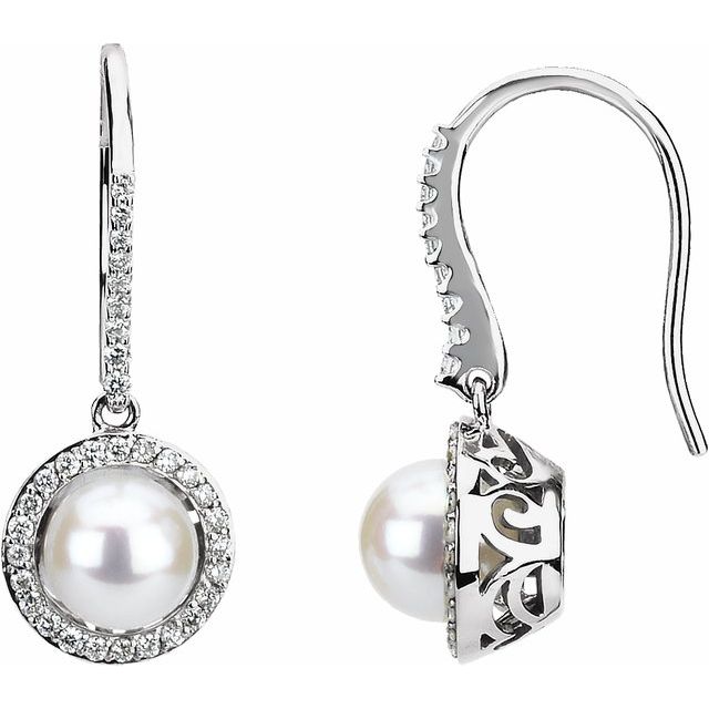 14K White Cultured Freshwater Pearl & 1/2 CTW Diamond Earrings - Elegant Jewelry