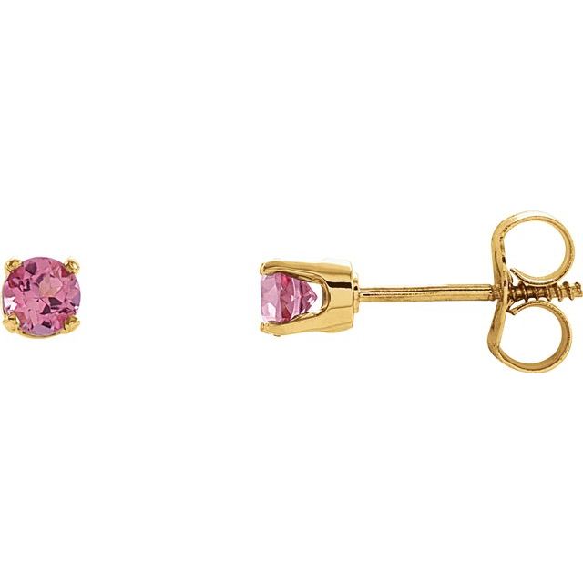 14K Yellow Imitation Pink Tourmaline Youth Earrings - Stylish & Safe for Kids