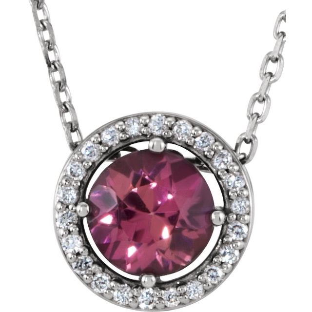 Sterling Silver Imitation Pink Tourmaline & .05 CTW Natural Diamond Halo-Style 16" Necklace