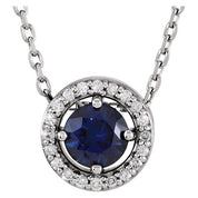 14K White Lab-Grown Blue Sapphire & .05 CTW Natural Diamond Halo-Style 16" Necklace