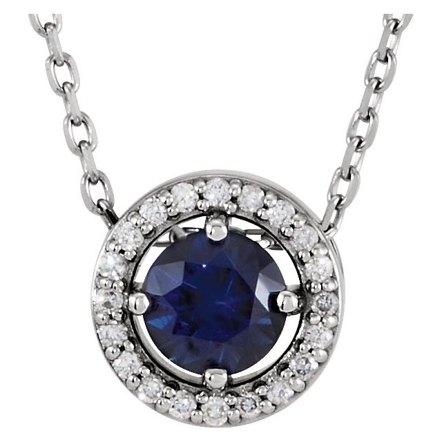 14K White Lab-Grown Blue Sapphire & .05 CTW Natural Diamond Halo-Style 16" Necklace