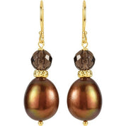 14K Yellow Cultured Chocolate Freshwater Pearl & Natural Smoky Quartz Earrings
