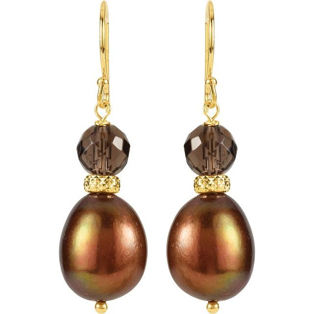 14K Yellow Cultured Chocolate Freshwater Pearl & Natural Smoky Quartz Earrings