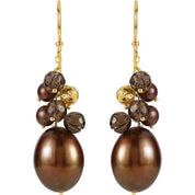 14K Yellow Cultured Dyed Chocolate Freshwater Pearl & Natural Smoky Quartz Earrings
