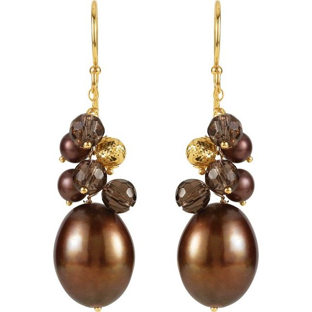 14K Yellow Cultured Dyed Chocolate Freshwater Pearl & Natural Smoky Quartz Earrings