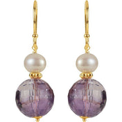 14K Yellow Natural Amethyst & Cultured White Freshwater Pearl Earrings