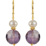 14K Yellow Natural Amethyst & Cultured White Freshwater Pearl Earrings