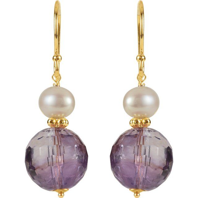 14K Yellow Natural Amethyst & Cultured White Freshwater Pearl Earrings