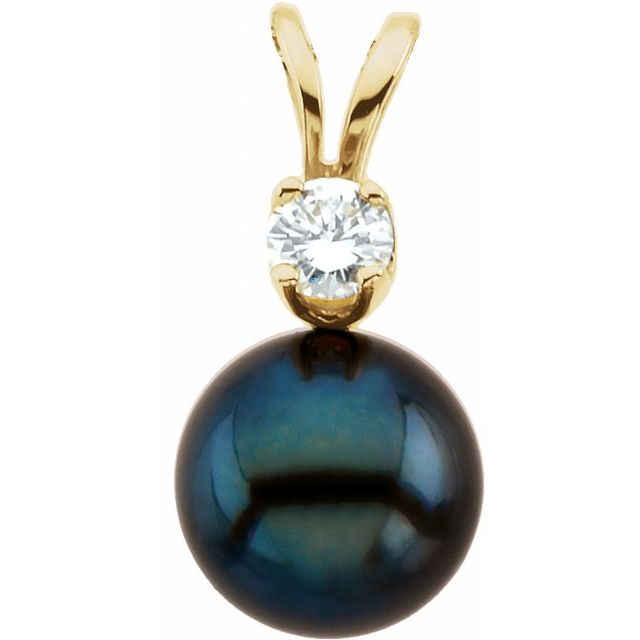 14K Yellow Cultured Black Akoya Pearl & .025 CTW Natural Diamond Pendant