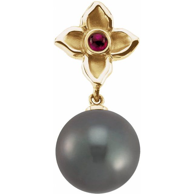 14K Yellow 12 mm Cultured Gray Tahitian Pearl & Natural Ruby Pendant