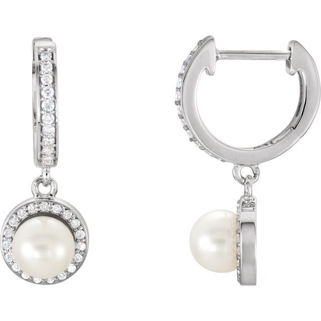 14K White Cultured Freshwater Pearl & Natural Diamond Earrings - Elegant Jewelry by Brand