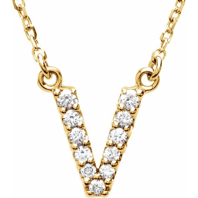 14K Yellow Gold 1/8 CTW Natural Diamond Initial V 16" Necklace - Motek Jewelry