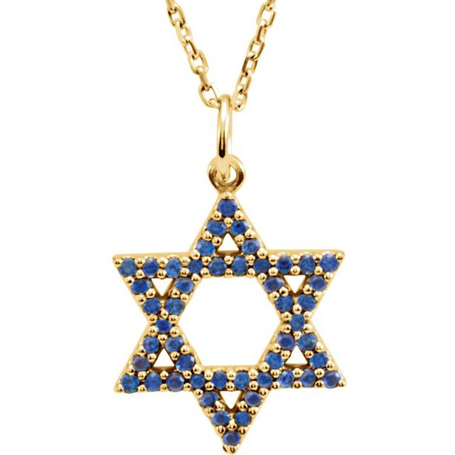 14K Yellow Natural Blue Sapphire Star of David 16" Necklace - R45253 - Motek Jewelry