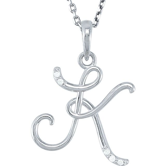 14K White Gold Natural Diamond Initial K Necklace 18" - Part #85557