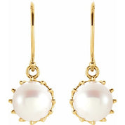 14K Yellow Cultured White Freshwater Pearl Crown Earrings