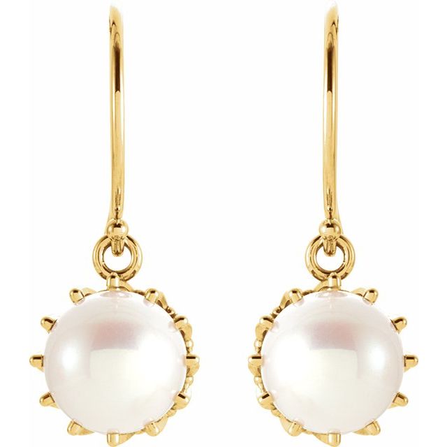 14K Yellow Cultured White Freshwater Pearl Crown Earrings