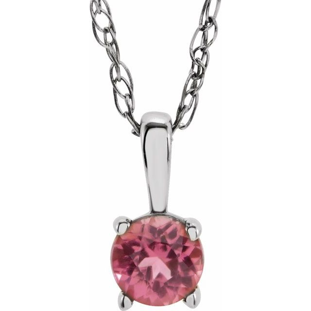 14K White 3 mm Imitation Pink Tourmaline Youth Solitaire 14" Necklace