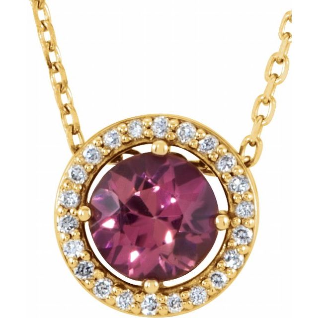 14K Yellow Natural Pink Tourmaline & .05 CTW Natural Diamond Halo-Style 16" Necklace