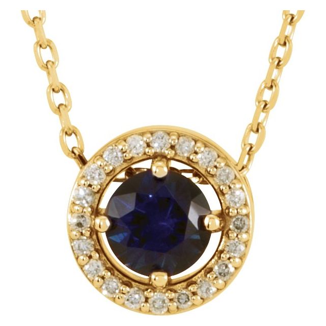 14K Yellow Lab-Grown Blue Sapphire & .05 CTW Natural Diamond Halo-Style 16" Necklace