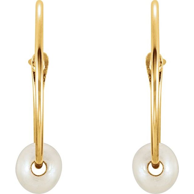 14K Yellow Cultured White Freshwater Pearl Youth Huggie Earrings