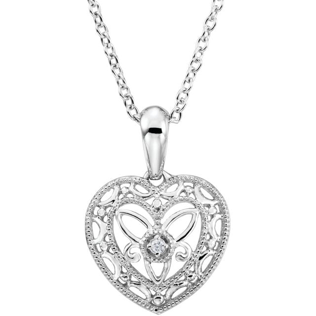 Sterling Silver .005 CTW Natural Diamond Heart 18" Necklace
