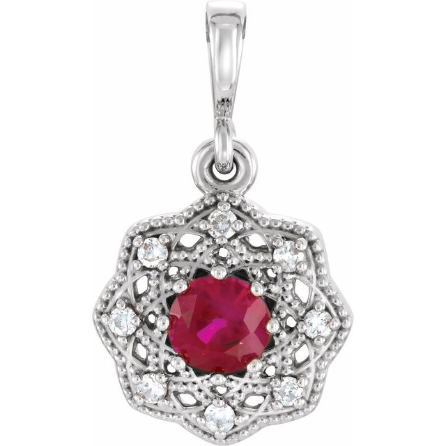 14K White Natural Ruby & .06 CTW Natural Diamond Halo-Style Pendant