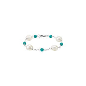 Sterling Silver Cultured White Freshwater Pearl & Natural Turquoise Station 7 1/2" Bracelet