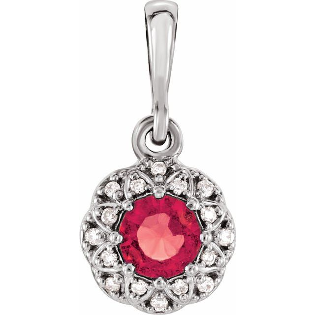 14K White Natural Ruby & .04 CTW Natural Diamond Halo-Style Pendant