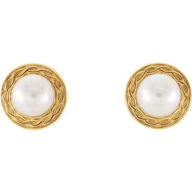 14K Yellow Cultured White Freshwater Pearl Earrings