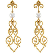 14K Yellow Cultured White Akoya Pearl Fleur-De-Lis Scroll Earrings