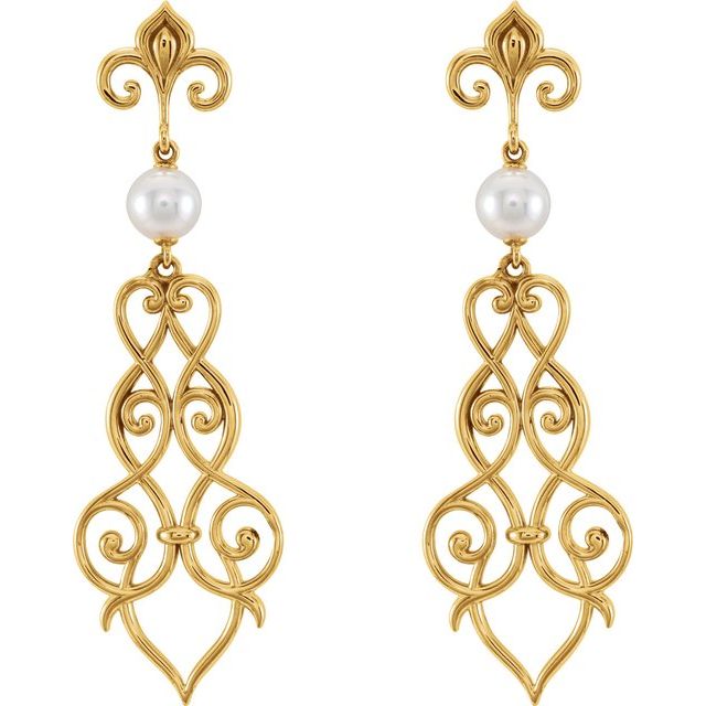 14K Yellow Cultured White Akoya Pearl Fleur-De-Lis Scroll Earrings