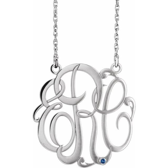 Rhodium-Plated Sterling Silver 30 mm 3-Initial Imitation Blue Sapphire Script Monogram Necklace
