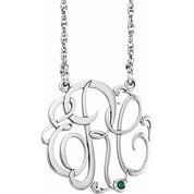 Rhodium-Plated Sterling Silver 25 mm 3-Initial Imitation Emerald Script Monogram Necklace