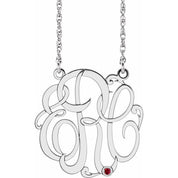 Rhodium-Plated Sterling Silver 25 mm 3-Initial Imitation Ruby Script Monogram Necklace