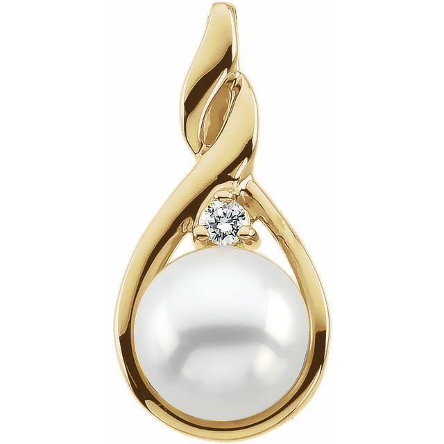 14K Yellow Cultured White Akoya Pearl & .03 CT Natural Diamond Freeform Pendant