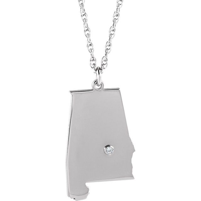 14K White .015 CT Natural Diamond Alabama State Accent City 18" Necklace