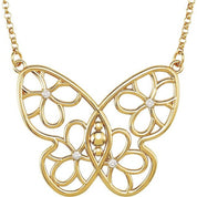 14K Yellow .08 CTW Natural Diamond Butterfly & Floral 18" Necklace