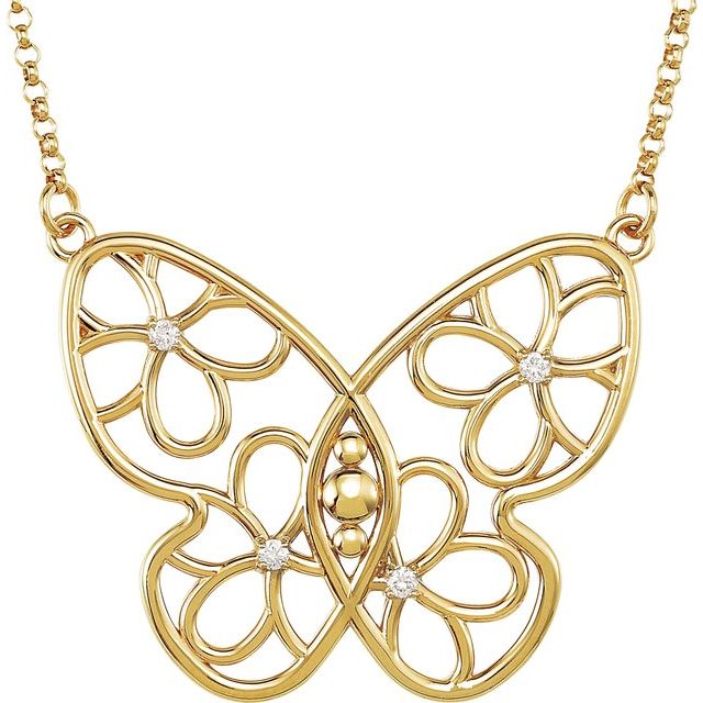 14K Yellow .08 CTW Natural Diamond Butterfly & Floral 18" Necklace