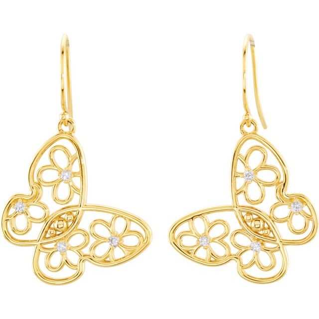 14K Yellow 1/6 Natural Daimond Floral Butterfly Earrings