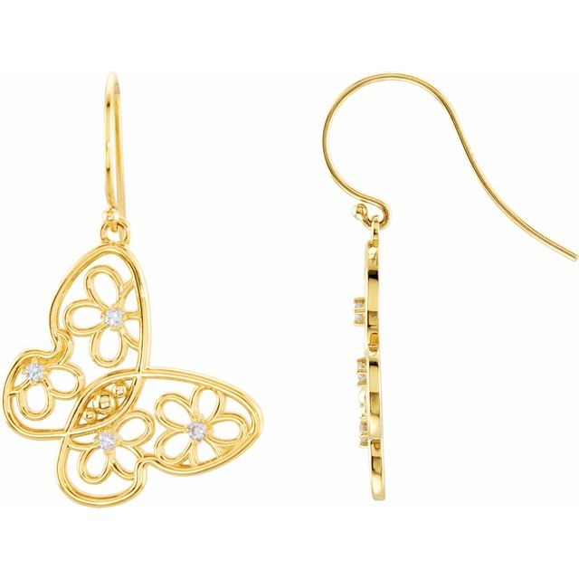 14K Yellow 1/6 Natural Daimond Floral Butterfly Earrings