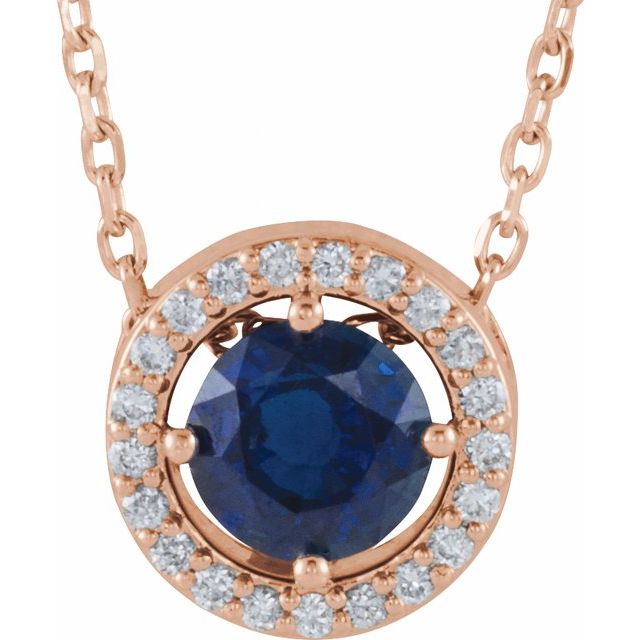14K Rose Lab-Grown Blue Sapphire & .05 CTW Natural Diamond Halo-Style 16" Necklace