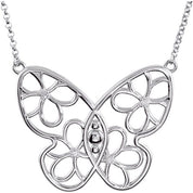Sterling Silver .08 CTW Natural Diamond Butterfly & Floral 18" Necklace
