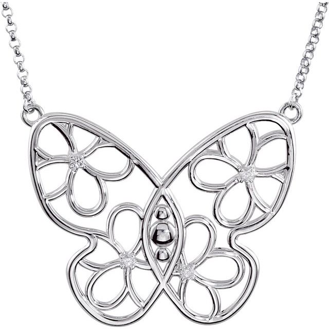 Sterling Silver .08 CTW Natural Diamond Butterfly & Floral 18" Necklace