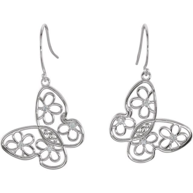 Sterling Silver 1/6 Natural Daimond Floral Butterfly Earrings